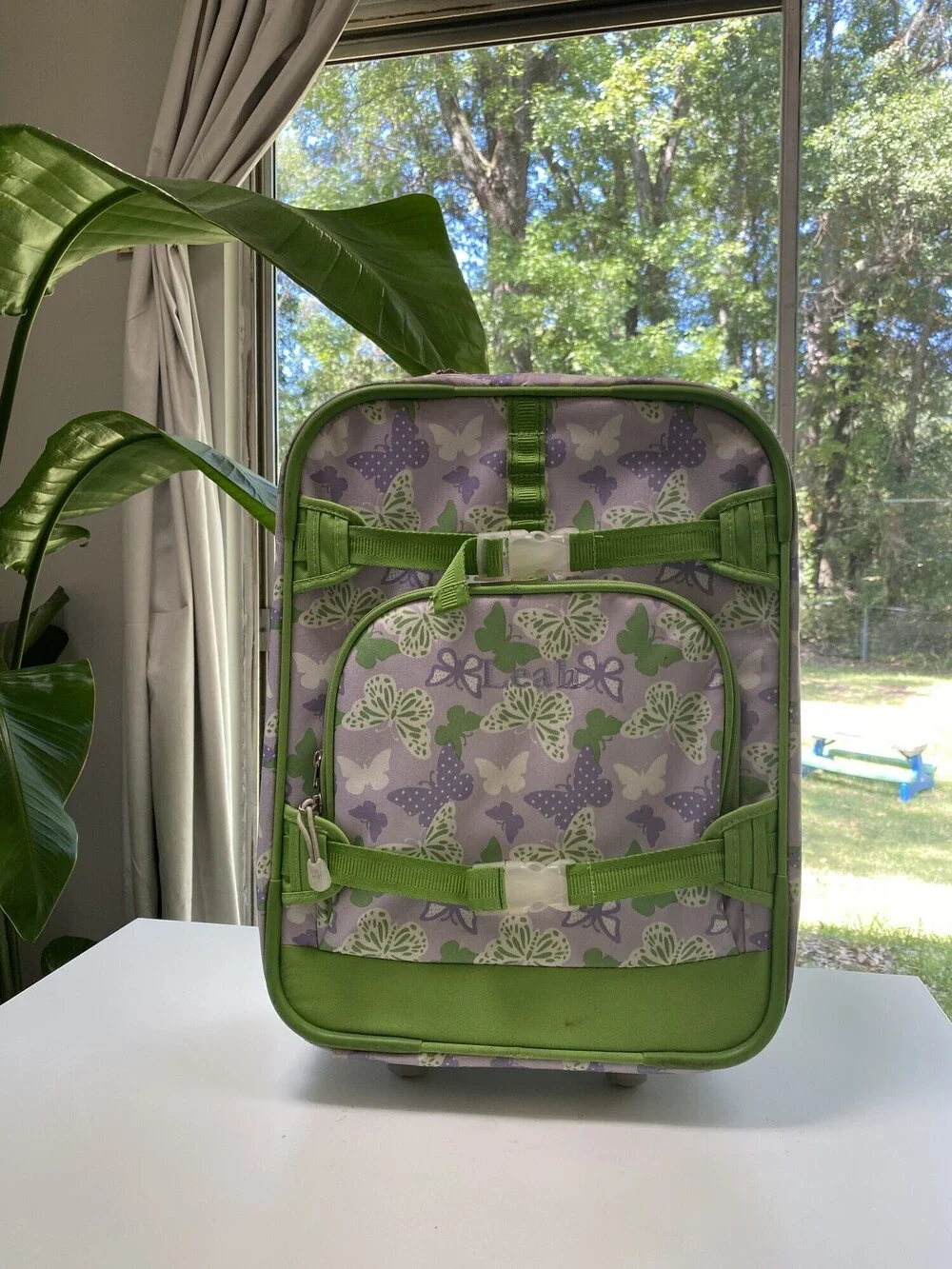 Pottery Barn Kids Butterfly Rolling Suitcase Purple Green Embroidered